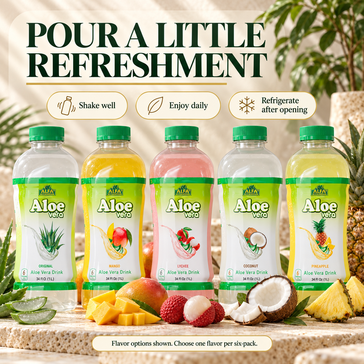 Aloe Vera Drink: shake well before drinking and refrigerate after opening.