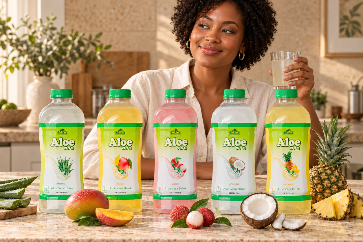 Original, Mango, Lychee, Coconut and Pineapple Aloe Vera Drink options in a lifestyle setting.