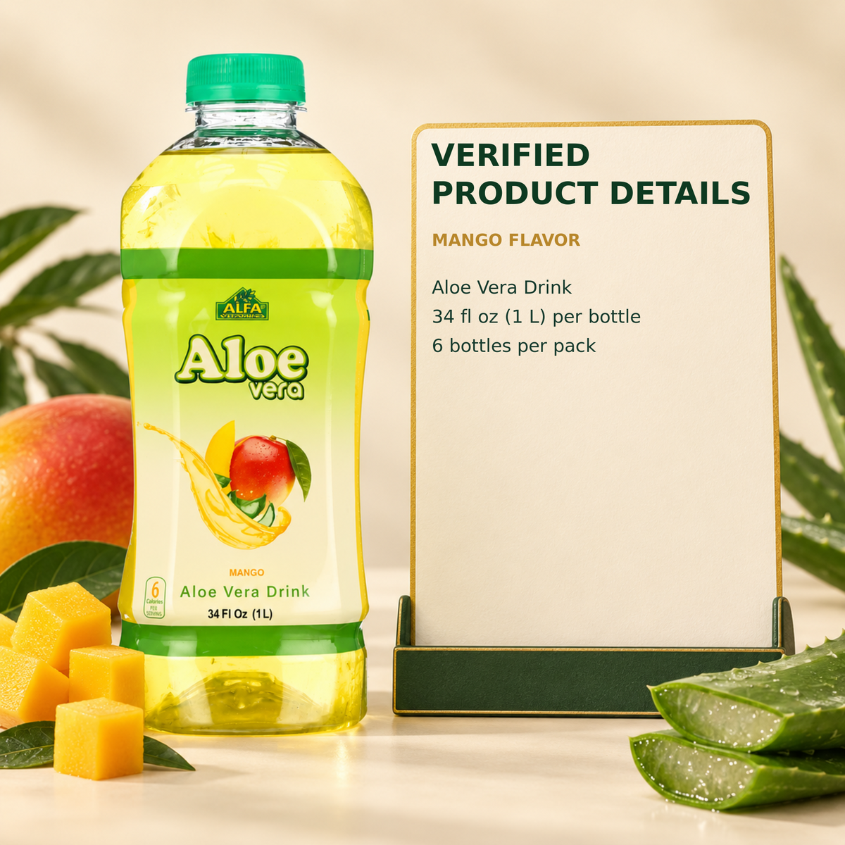 Verified details for Mango Aloe Vera Drink: 34 fl oz (1 L) per bottle and six bottles per pack