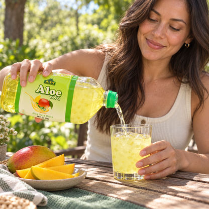 Woman pouring Mango Aloe Vera Drink into a glass at an outdoor table