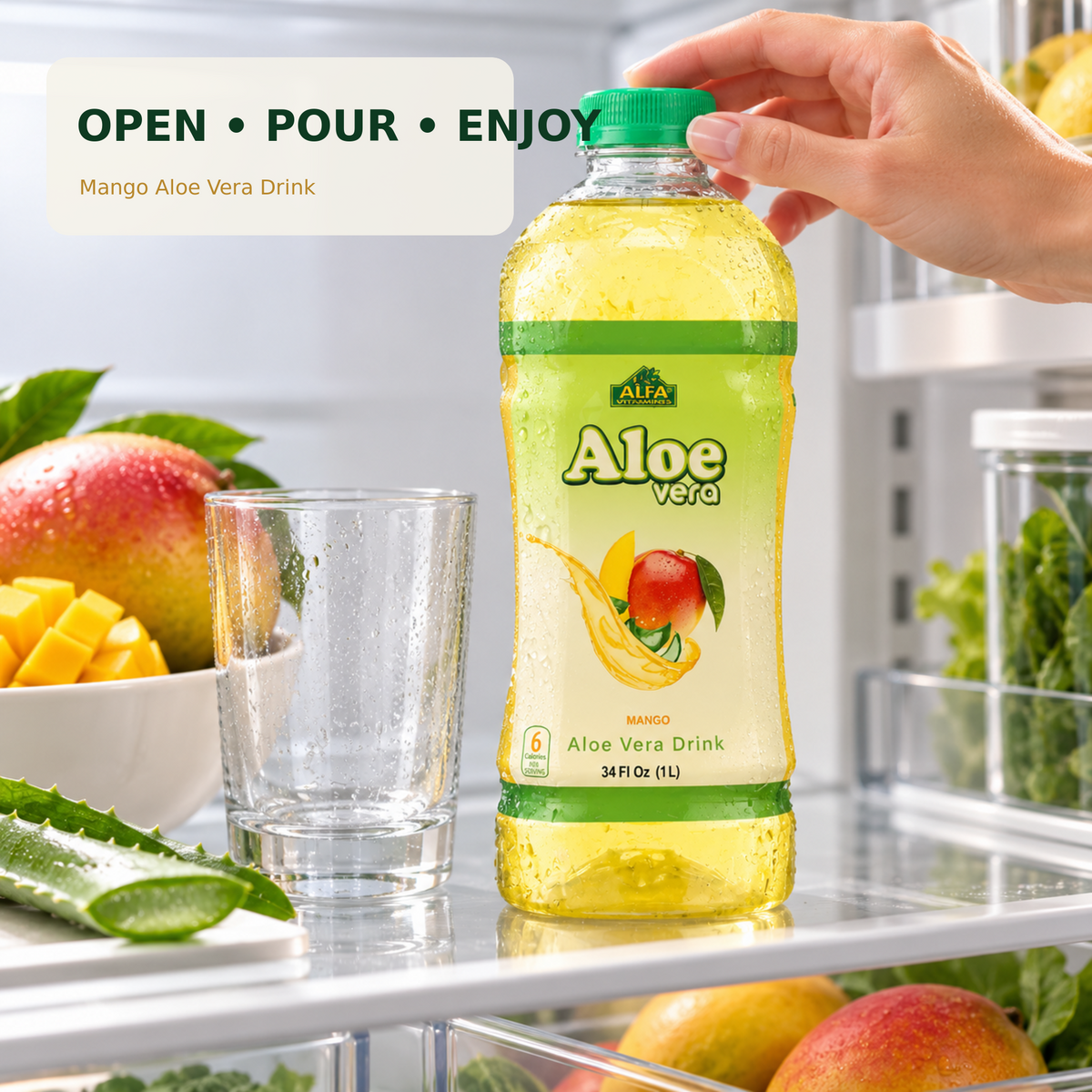 Mango Aloe Vera Drink bottle and glass in a refrigerator serving scene