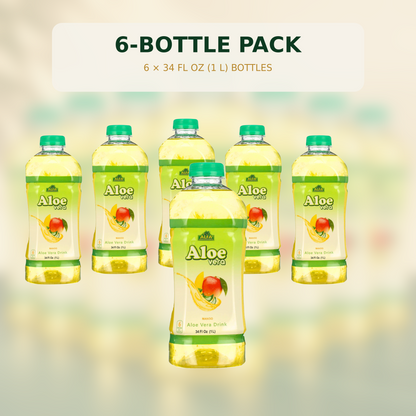 Six-bottle pack of Alfa Vitamins Mango Aloe Vera Drink, 34 fl oz (1 L) each