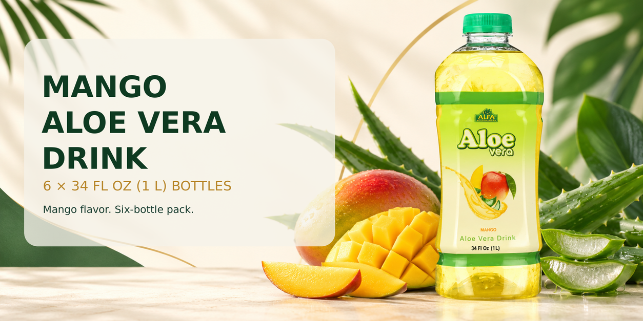 Mango Aloe Vera Drink six-pack banner with 34 fl oz (1 L) bottle