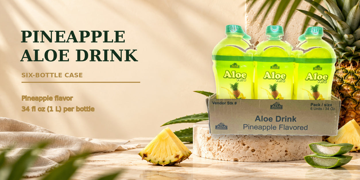 Alfa Vitamins Aloe Vera Drink pineapple flavor six-pack banner