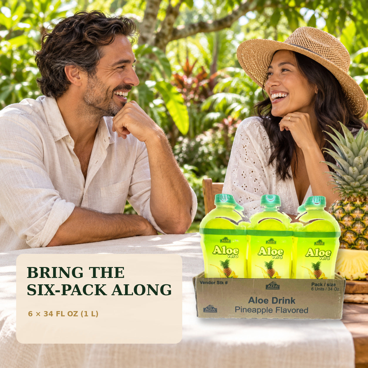 Aloe Vera Drink pineapple six-pack in an outdoor picnic lifestyle scene