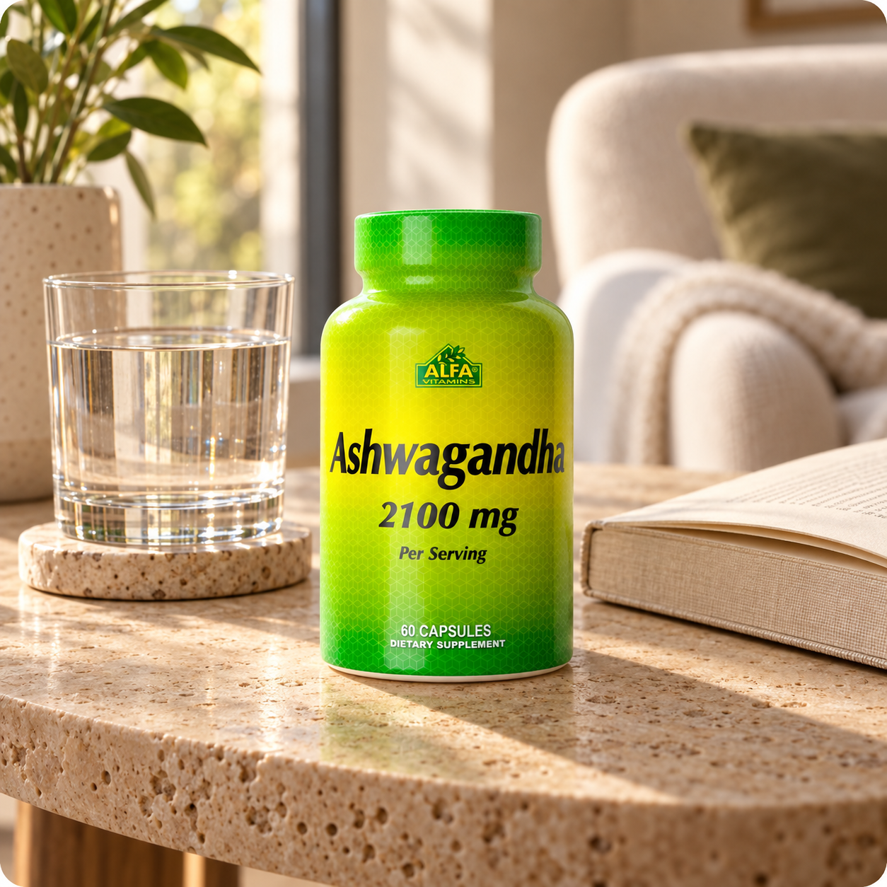 Alfa Vitamins Ashwagandha bottle beside a glass of water and an open book in a warm home setting.