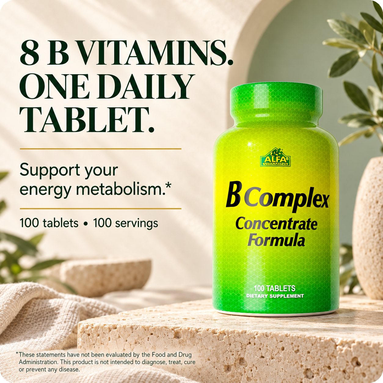 Alfa B Complex Concentrate Formula 100 tablets with eight B vitamins for normal energy metabolism support.