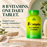 Alfa B Complex Concentrate Formula 100 tablets with eight B vitamins for normal energy metabolism support.