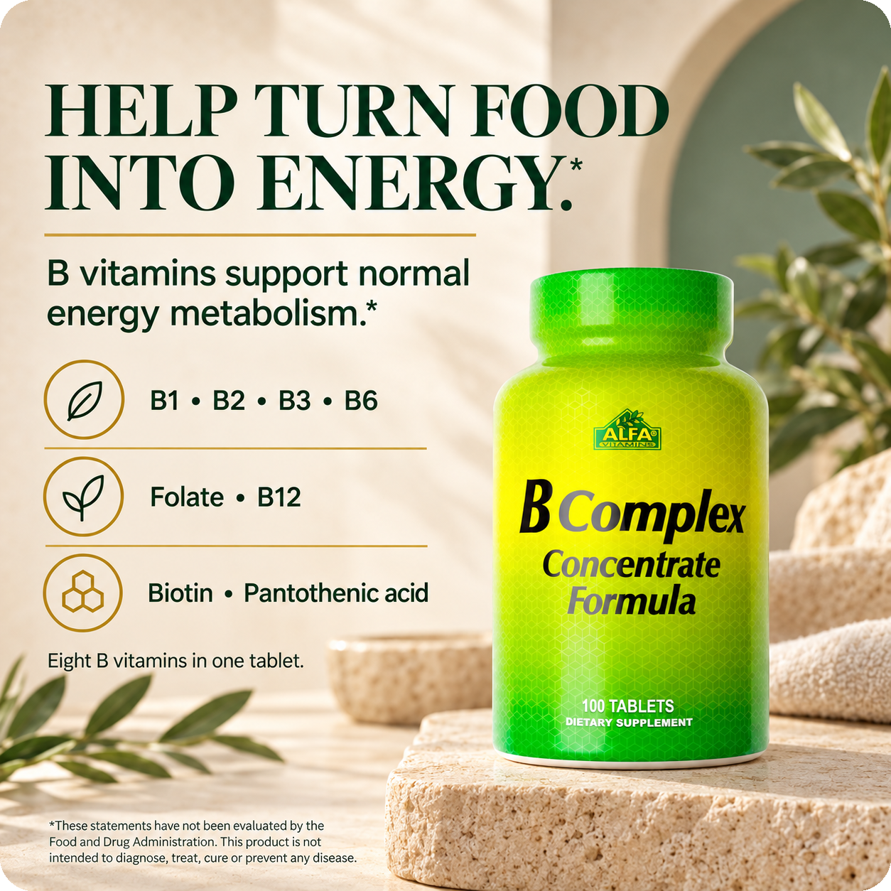 Alfa B Complex formula with B1, B2, B3, B6, folate, B12, biotin and pantothenic acid.