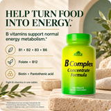 Alfa B Complex formula with B1, B2, B3, B6, folate, B12, biotin and pantothenic acid.