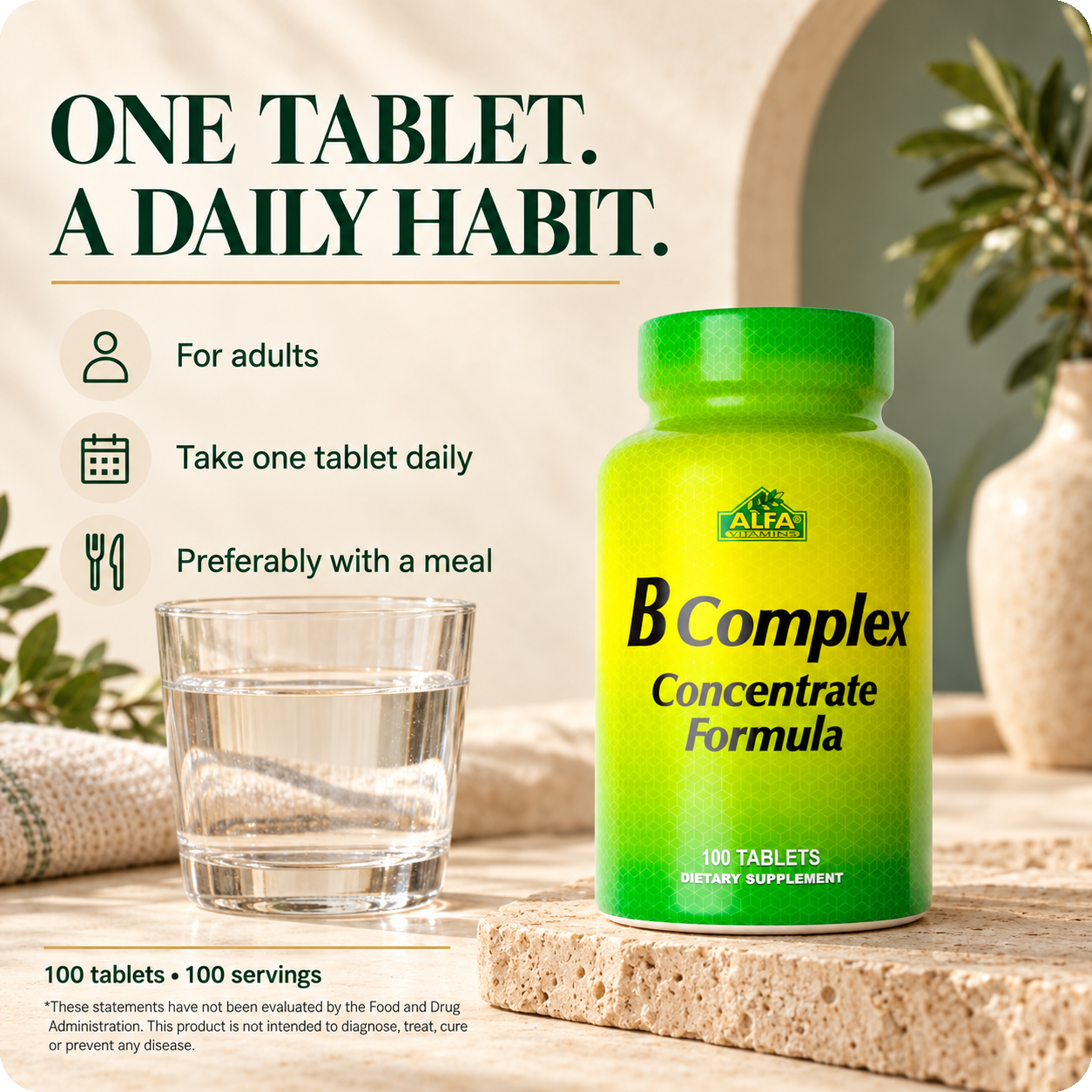 B Complex directions: adults take one tablet daily, preferably with a meal.