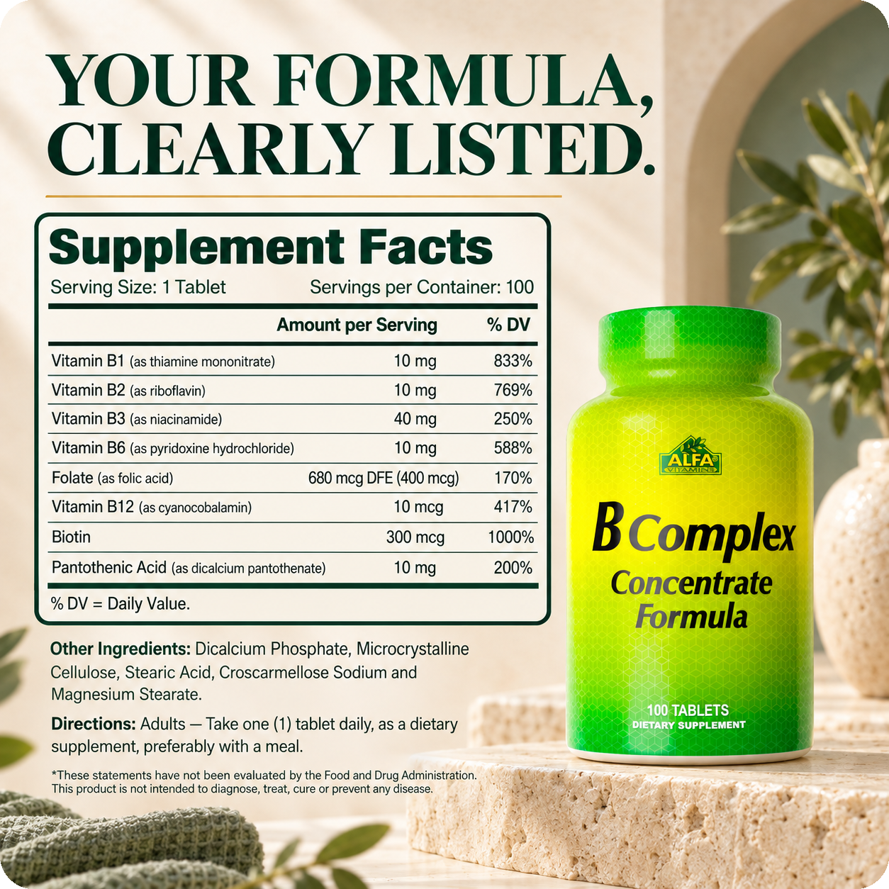 Alfa B Complex complete Supplement Facts, other ingredients, and directions.