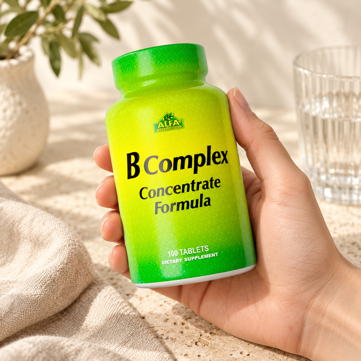 B-Complex Formula - 100 tablets: front packaging in an adult hand.