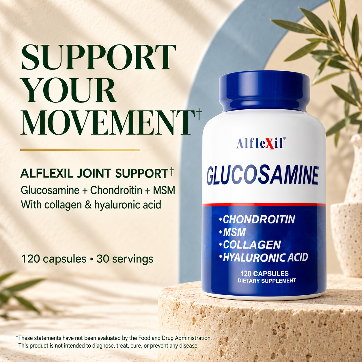 Alflexil Glucosamine joint support with chondroitin, MSM, collagen and hyaluronic acid; 120 capsules and 30 servings.