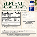 Complete Alflexil Supplement Facts, four-capsule serving, five ingredient amounts, shellfish disclosure, directions, storage, full glucosamine warning and manufacturer details.