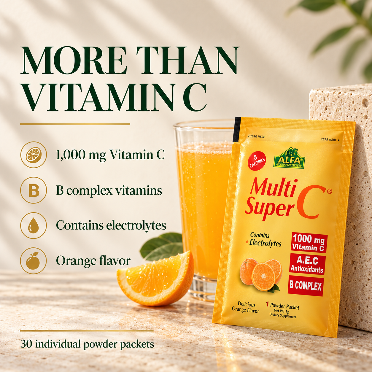 Alfa Multi Super C orange-flavored powder with 1,000 mg Vitamin C, B complex vitamins and electrolytes