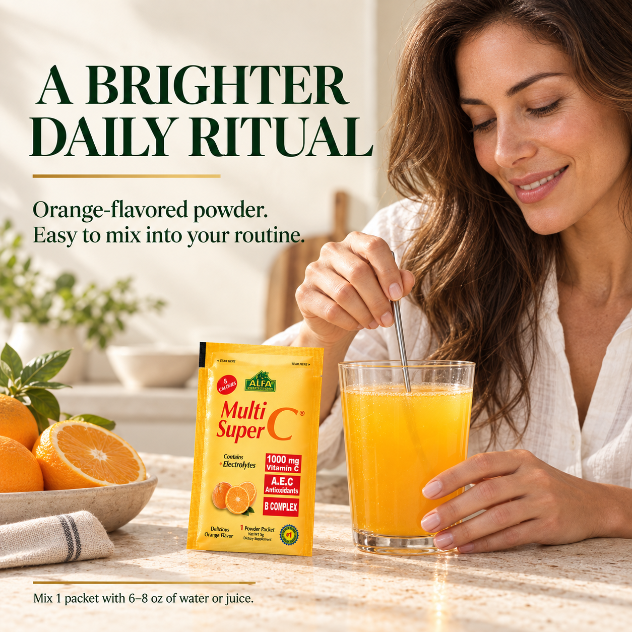Woman mixing Alfa Super Multi C orange drink during her morning routine