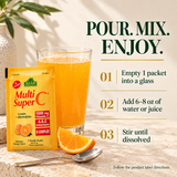 Alfa Super Multi C directions: empty one packet into a glass, add 6–8 oz water or juice and stir until dissolved