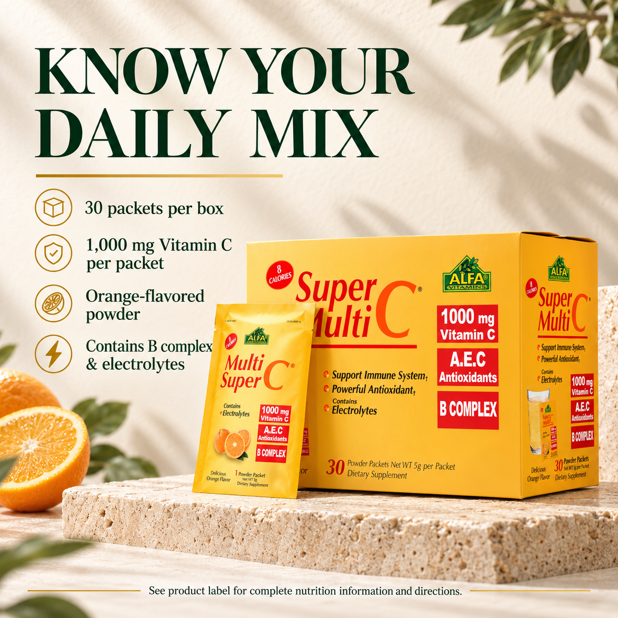 Alfa Super Multi C product details: 30 packets, 1,000 mg Vitamin C per packet, orange-flavored powder, B complex and electrolytes