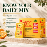 Alfa Super Multi C product details: 30 packets, 1,000 mg Vitamin C per packet, orange-flavored powder, B complex and electrolytes