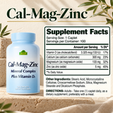 Complete Cal-Mag-Zinc Supplement Facts with nutrient forms, amounts, Daily Values, other ingredients and adult directions