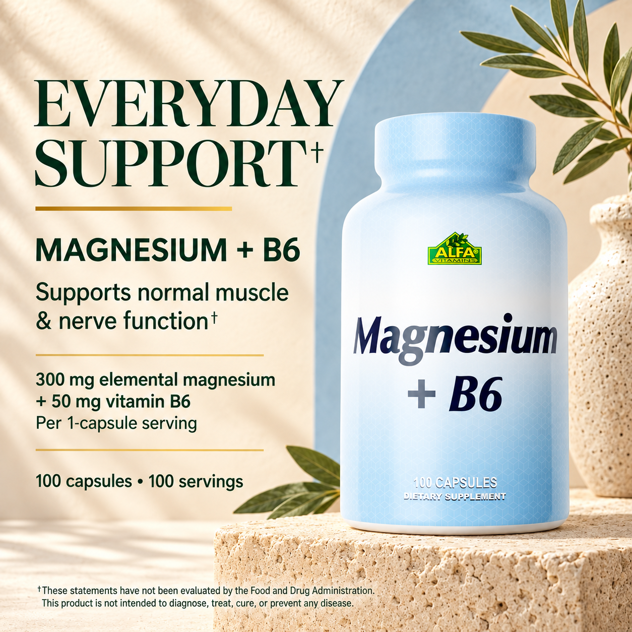 Alfa Vitamins Magnesium plus B6 supports normal muscle and nerve function; 300 mg elemental magnesium and 50 mg vitamin B6 per one-capsule serving.