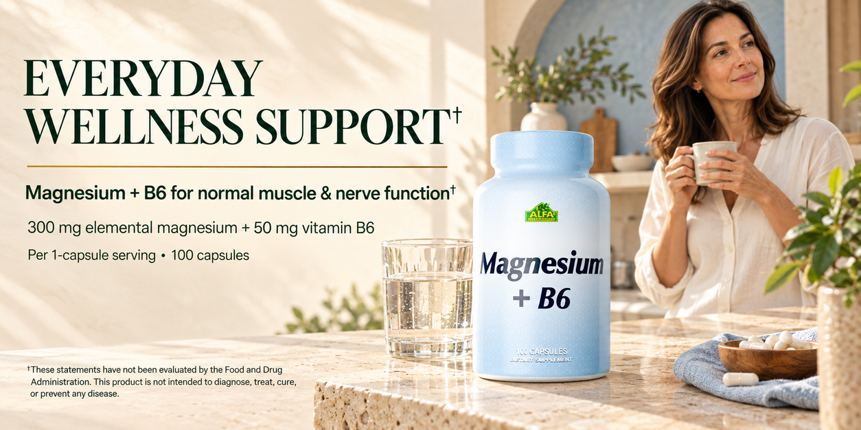 Alfa Vitamins Magnesium plus B6 on a kitchen counter beside a woman enjoying her morning; 300 mg elemental magnesium and 50 mg vitamin B6 per capsule.