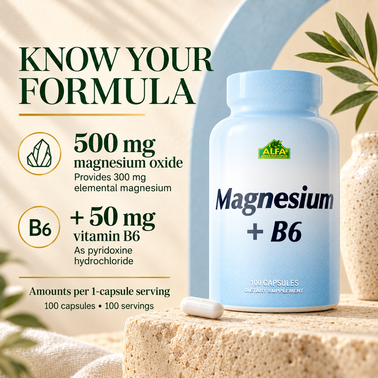 500 mg magnesium oxide provides 300 mg elemental magnesium, plus 50 mg vitamin B6 as pyridoxine hydrochloride per one capsule; 100 servings.