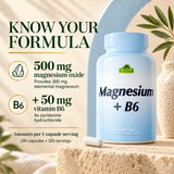500 mg magnesium oxide provides 300 mg elemental magnesium, plus 50 mg vitamin B6 as pyridoxine hydrochloride per one capsule; 100 servings.