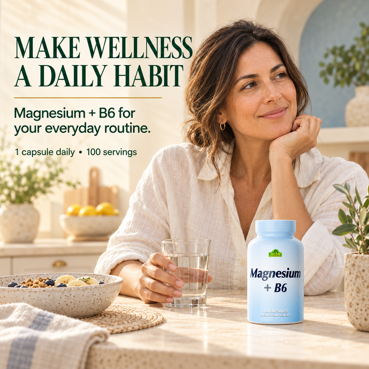 A woman enjoys a morning routine beside Alfa Vitamins Magnesium plus B6, 100 capsules.