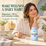 A woman enjoys a morning routine beside Alfa Vitamins Magnesium plus B6, 100 capsules.