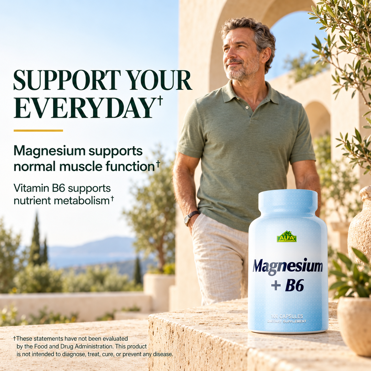 An adult man walking outdoors beside Magnesium plus B6; magnesium supports normal muscle function and vitamin B6 supports nutrient metabolism.