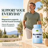 An adult man walking outdoors beside Magnesium plus B6; magnesium supports normal muscle function and vitamin B6 supports nutrient metabolism.