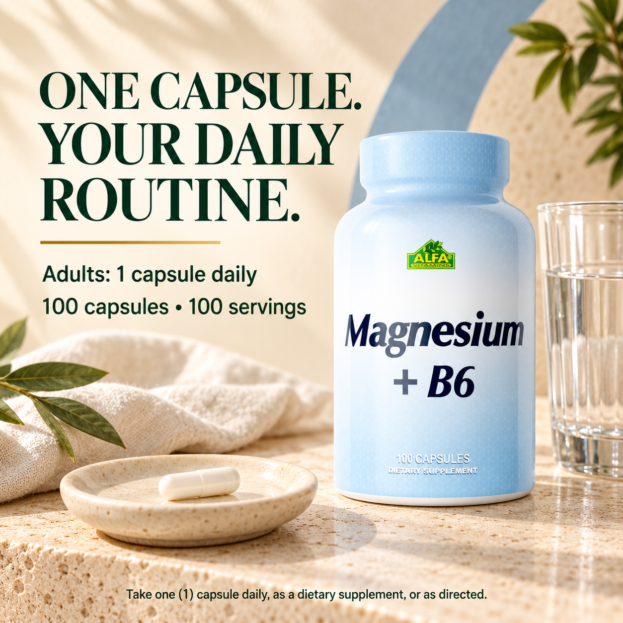 Magnesium plus B6 daily routine with one capsule and water; adults take one capsule daily or as directed; 100 servings.