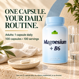 Magnesium plus B6 daily routine with one capsule and water; adults take one capsule daily or as directed; 100 servings.