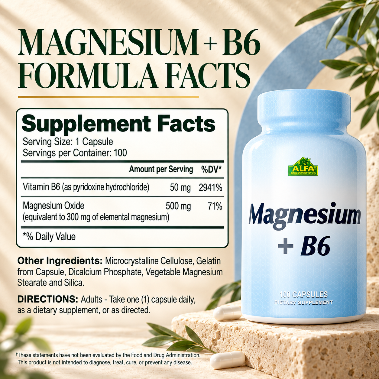 Complete Magnesium plus B6 Supplement Facts: vitamin B6 50 mg, magnesium oxide 500 mg equivalent to 300 mg elemental magnesium, one-capsule directions and all other ingredients.
