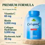 CollagenC Premium formula per six capsules: vitamin C 60 mg, biotin 5000 mcg, collagen hydrolysate 5000 mg and hyaluronic acid 30 mg