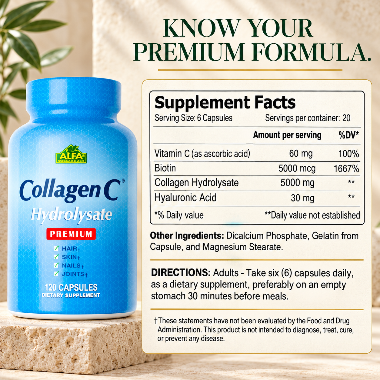 Complete CollagenC Premium Supplement Facts with six-capsule serving, all four ingredients, other ingredients and full directions