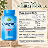 Complete CollagenC Premium Supplement Facts with six-capsule serving, all four ingredients, other ingredients and full directions