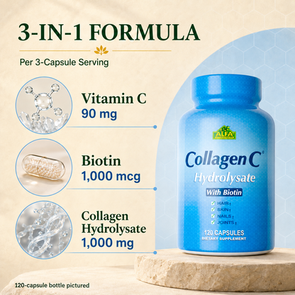 Standard CollagenC formula per three capsules: vitamin C 90 mg, biotin 1000 mcg, collagen hydrolysate 1000 mg; 120-capsule bottle pictured.