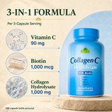 Standard CollagenC formula per three capsules: vitamin C 90 mg, biotin 1000 mcg, collagen hydrolysate 1000 mg; 120-capsule bottle pictured.