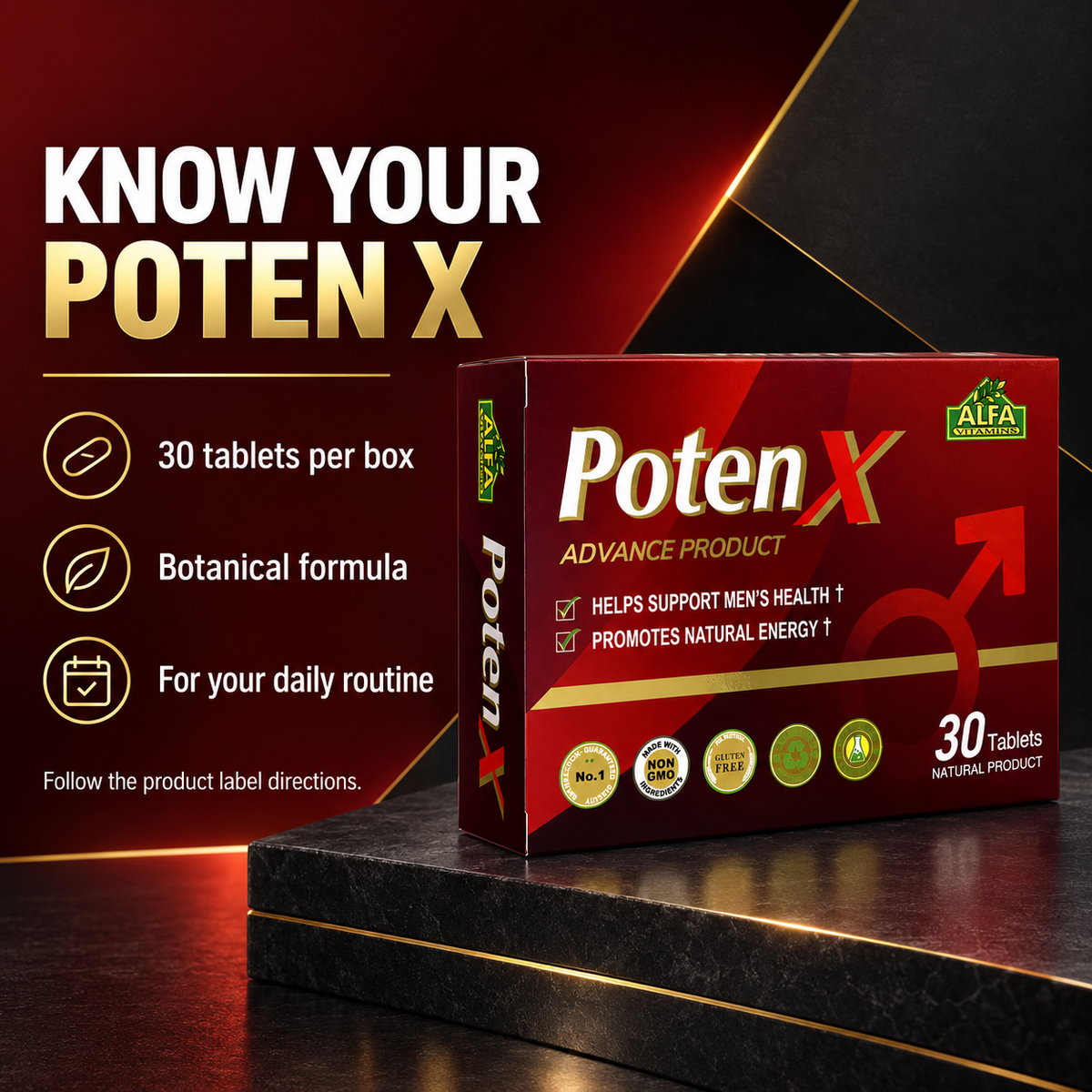 Poten X product details: 30-tablet box, botanical formula and product label directions