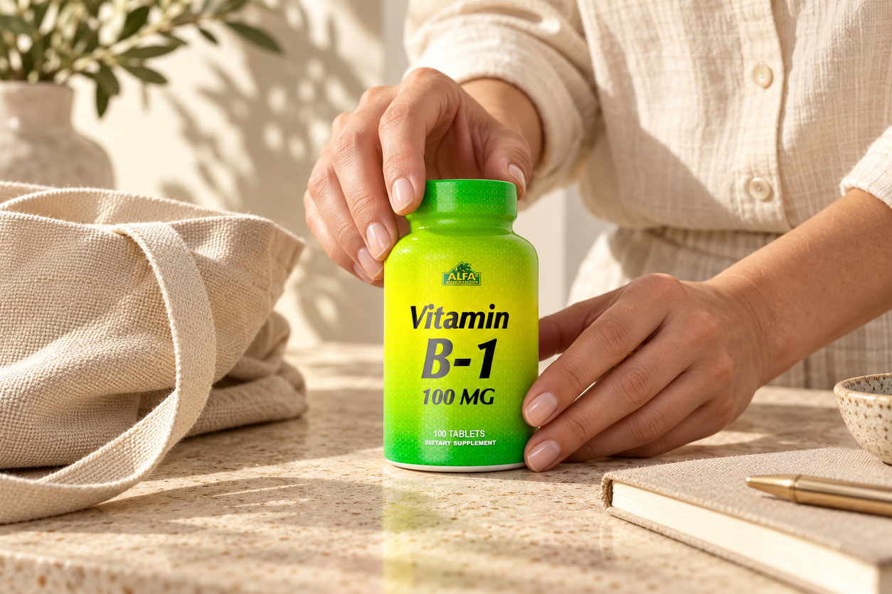 An adult hand with Vitamin B1 100 mg - 100 tablets beside everyday belongings.
