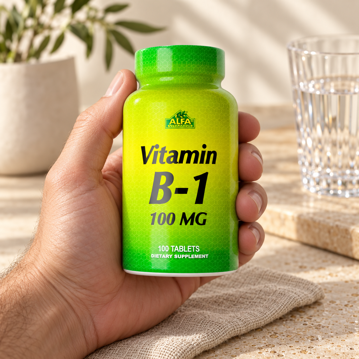 Vitamin B1 100 mg - 100 tablets: front packaging in an adult hand.