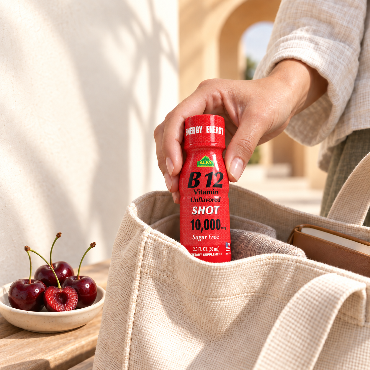 Alfa B12 Shot with fresh cherries — bag scene.