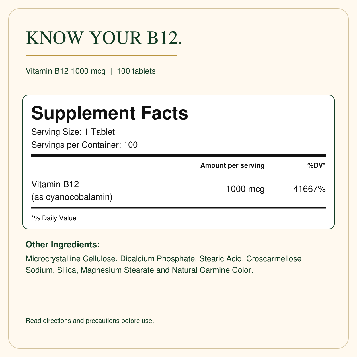 Supplement Facts and ingredients for B12 1000 mcg