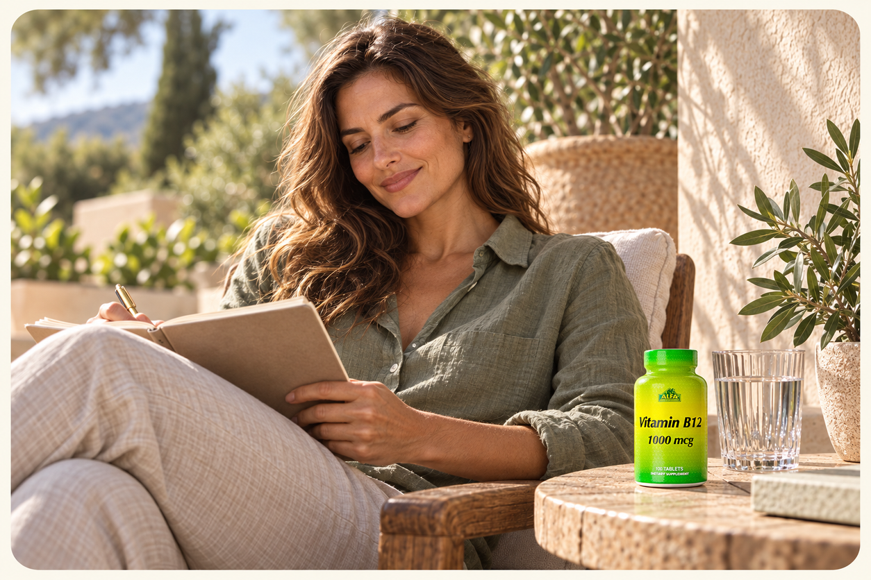 An adult woman journaling on a sunlit terrace with Alfa B12 on the side table