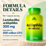 Acidophilus formula per capsule: Lactobacillus acidophilus 300 mg, equivalent to 600 million CFU as stated on the product label. Daily Value not established.