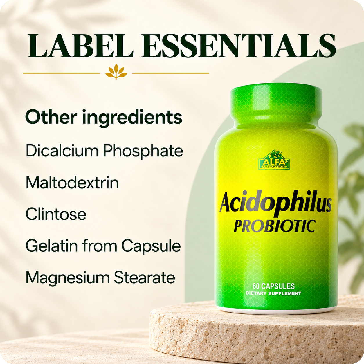 Alfa Vitamins Acidophilus — label essentials