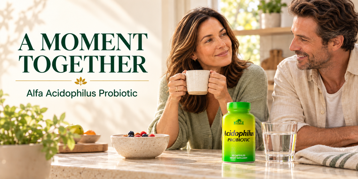 Alfa Acidophilus Probiotic bottle beside a couple sharing breakfast
